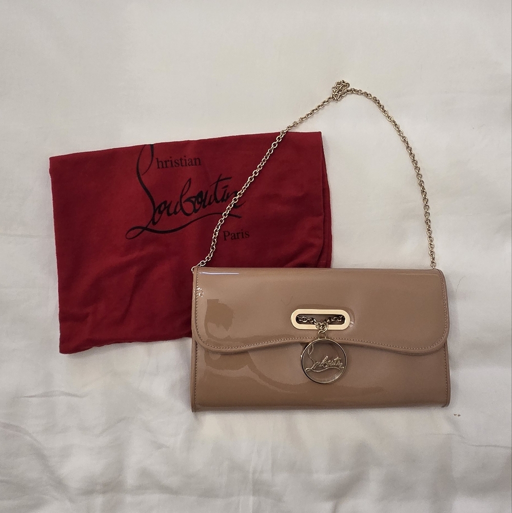 Christian Louboutin Beige Patent Leather Chain Clutch with Gold Hardware